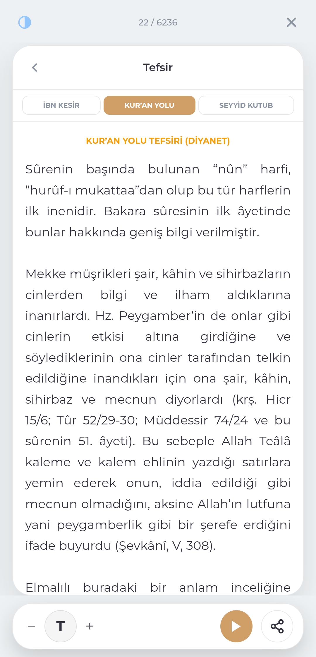 Tefsir ekranı — İbn Kesir, Kur'an Yolu ve Seyyid Kutub kaynakları