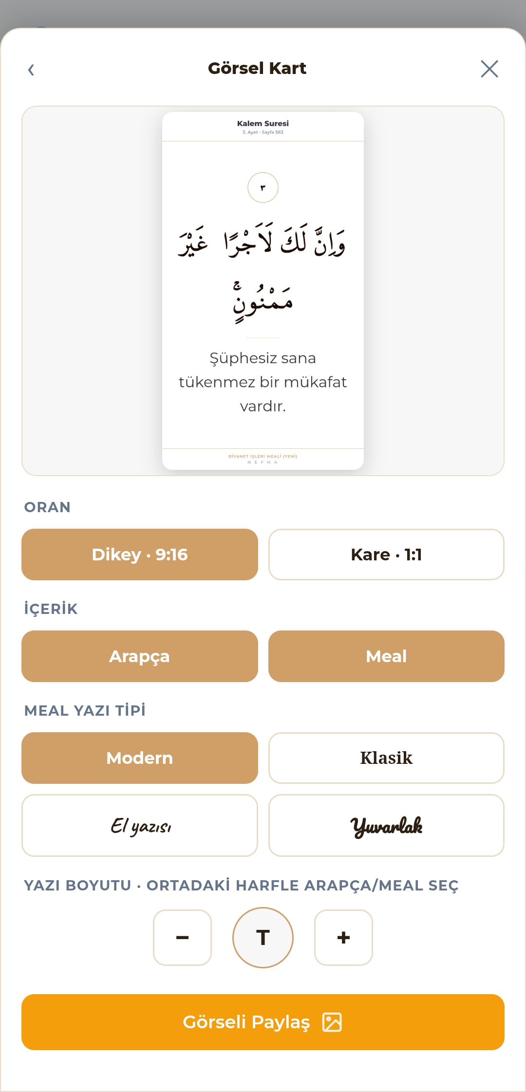 Ayet görsel kartı paylaşımı — dikey veya kare, Arapça veya meal