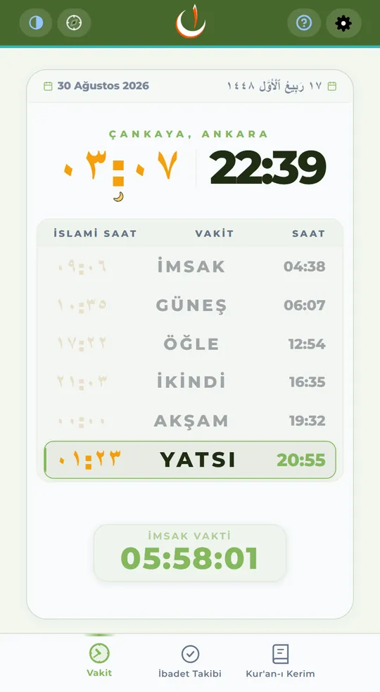 Şehir adı tema renginde — vakitler Diyanet takviminden