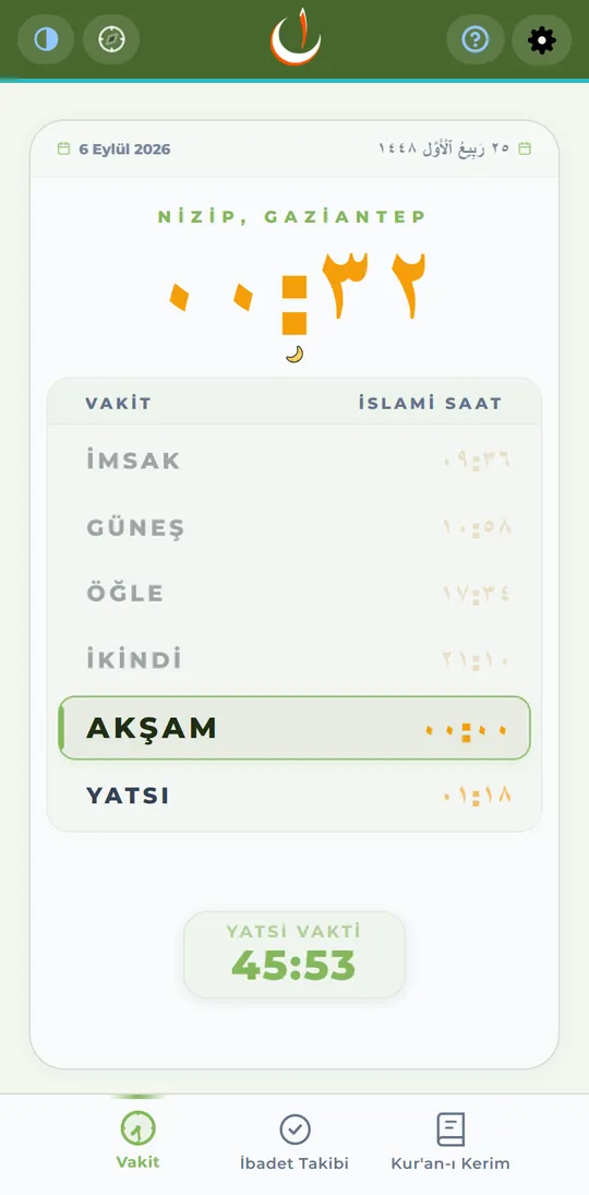 Yalnızca ezanî — ezanî saat miladinin yerini alır (görselde Arapça rakam açık)