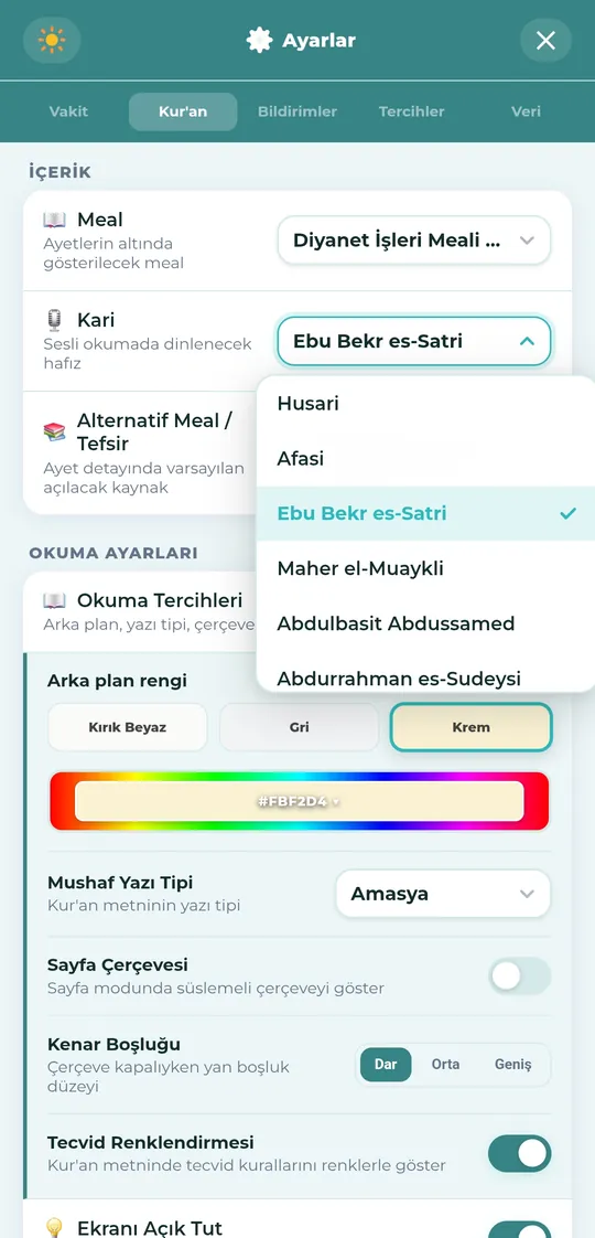 Kur'an ayarları — meal, kâri ve okuma tercihleri