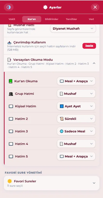 Varsayılan okuma modu — Kur'an okuma, grup hatmi ve kişisel hatimler için ayrı ayrı