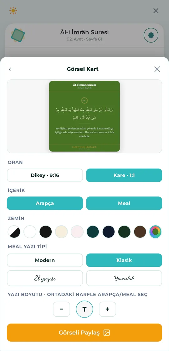 Ayet paylaşım kartı hazırlama ekranı