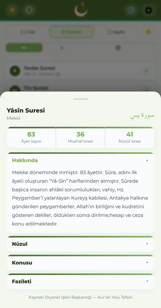 Sure bilgisi — künye ve katlanır bölümler