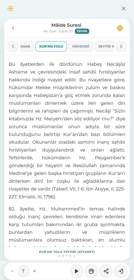 Ayet detayı — tefsir görünümü ve kaynak şeridi