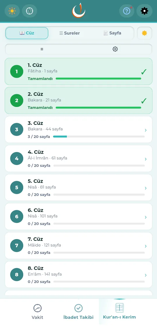 Cüz listesi — okuma ilerlemesiyle birlikte