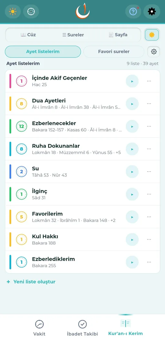 Favori ayet listeleri
