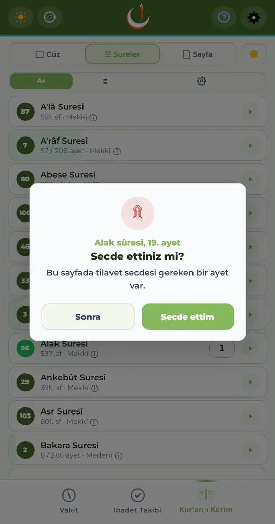 Sayfa okundu işaretlendiğinde çıkan soru