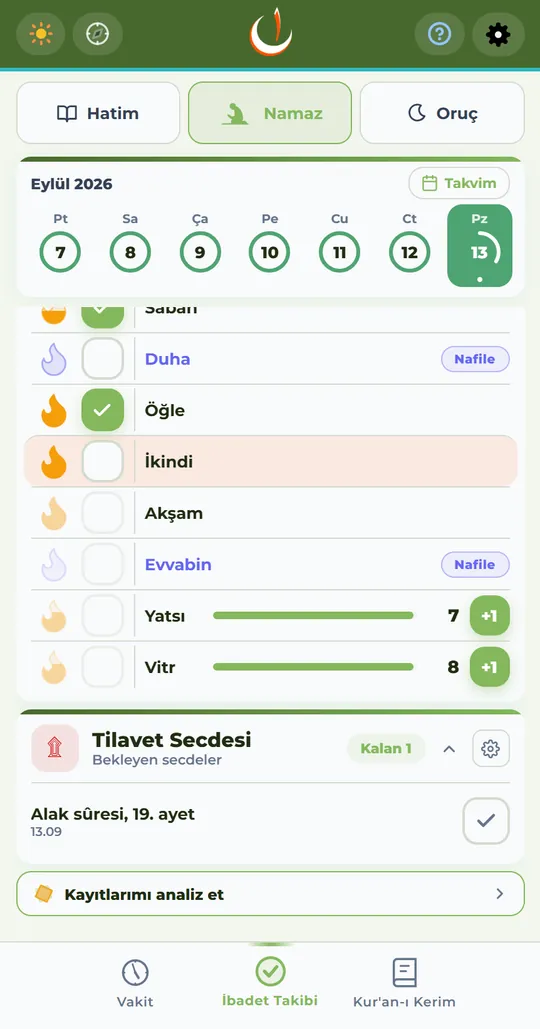 Namaz görünümündeki bekleyen secdeler kartı