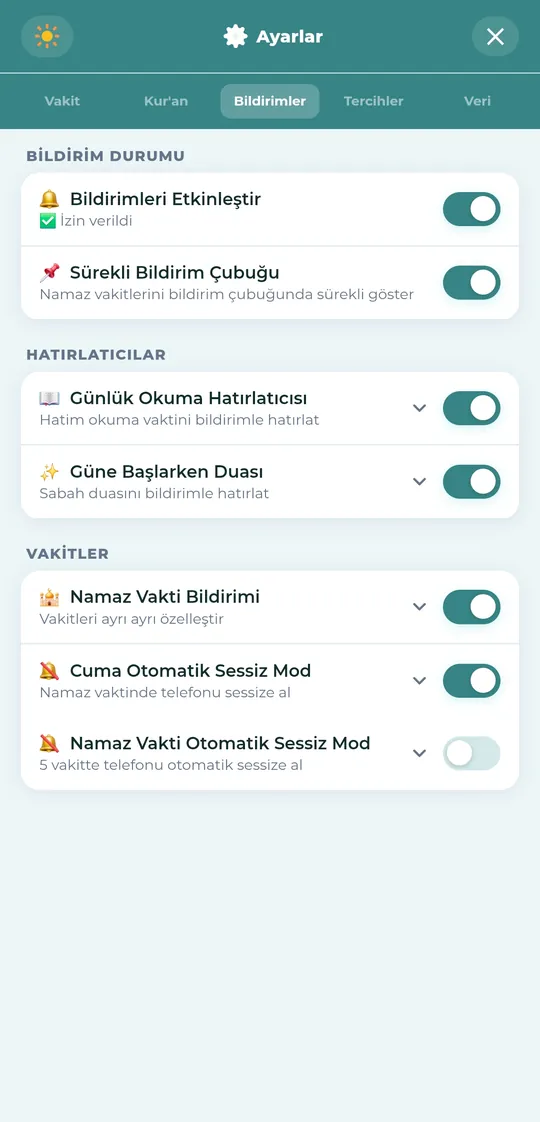 Bildirim ayarları — hatırlatıcılar ve vakitler