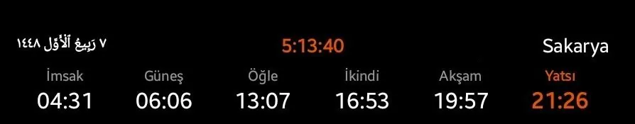 Yatay namaz vakitleri widget'ı — altı vakit tek satırda