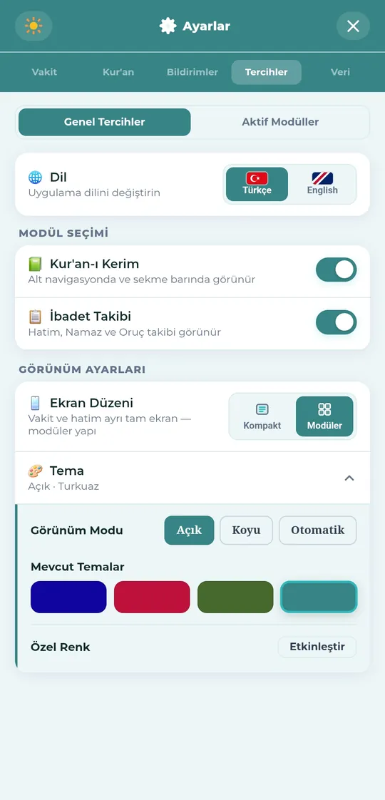 Tercihler — dil, modüller, ekran düzeni ve tema