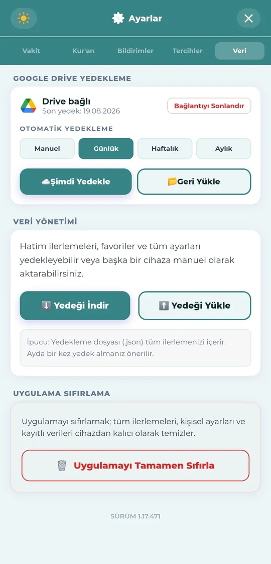 Veri sekmesi — Drive yedekleme, dosya yedeği ve sıfırlama