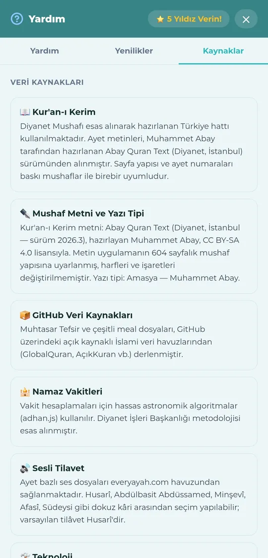 Kaynaklar sekmesi — metin, yazı tipi ve lisans bilgileri